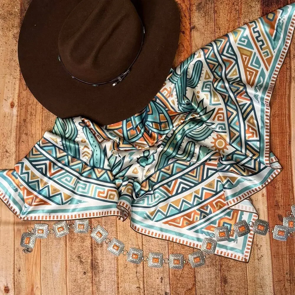 Aztec Cacti Print Silky Wild Rag | 36x36 | Jade & Rust